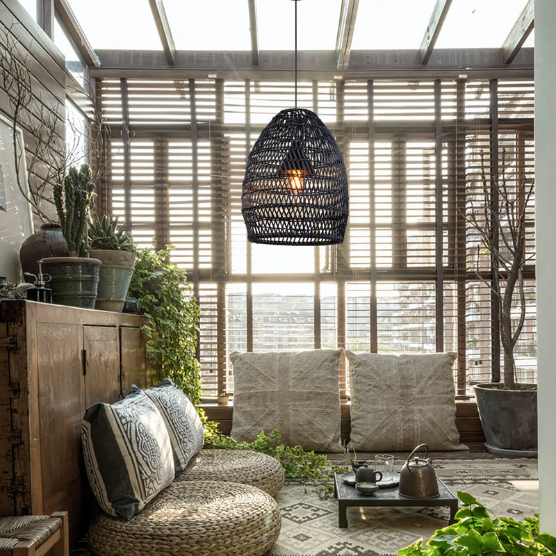 Luminaire suspendu en rotin d'extérieur 1 lumière, Noir
