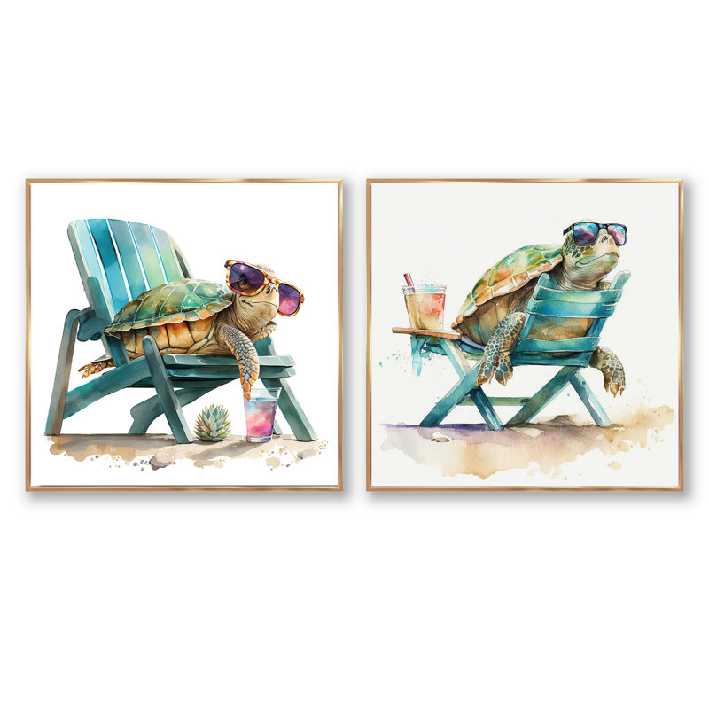 Tortue allongée sur une chaise de plage avec lunettes de soleil - Ensemble de 2 animaux carrés, Cadre flottant doré