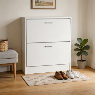 Meuble à chaussures à deux portes avec étagères ajustables, rangement moderne, blanc