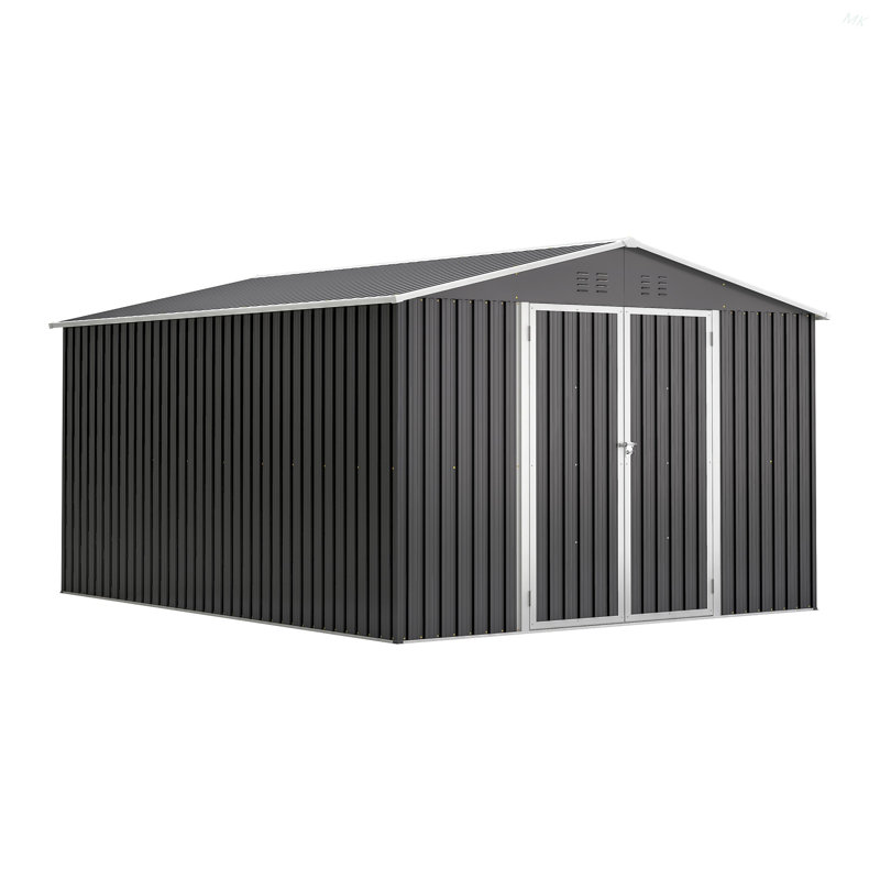 Remise de rangement extérieure 10 pi x 12 pi, rangement pour outils en métal avec portes verrouillables et structure à cadre, grande remise en métal pour la cour arrière, pelouse de patio, noir