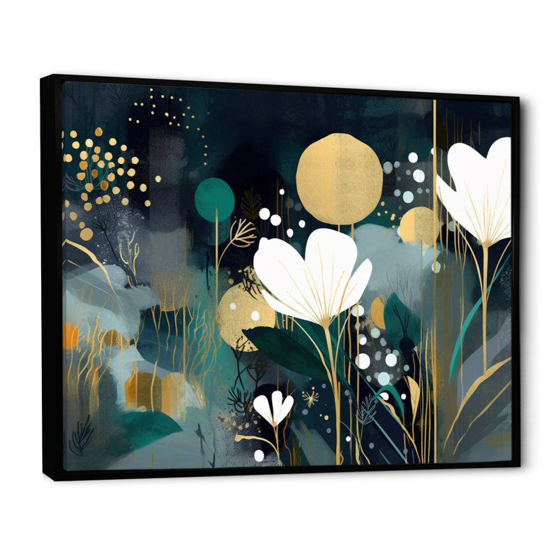 Plantes blanches bleu sarcelle dans le chaos II - art mural floral, Cadre flottant noir, H 12 po x l 20 po x P 1 po