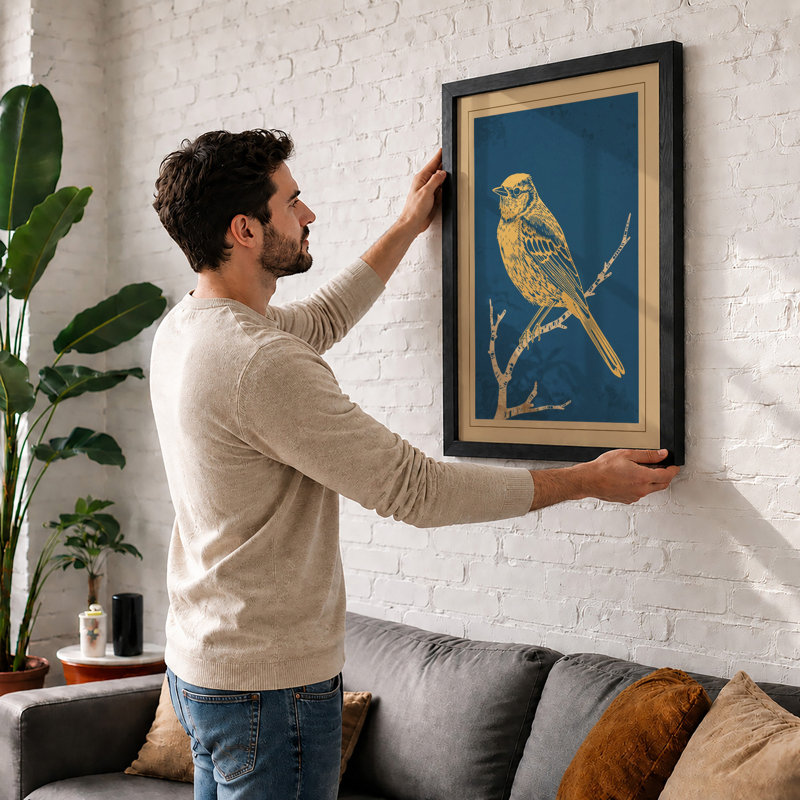 Songbird On Branch Japandi - Print, A3 - 42.0 x 29.7 cm, White