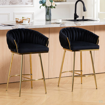 Tabouret de bar 26 po à hauteur de comptoir en velours pour îlot de cuisine avec dossier ondulé à la main (ensemble de 2), base et repose-pieds
