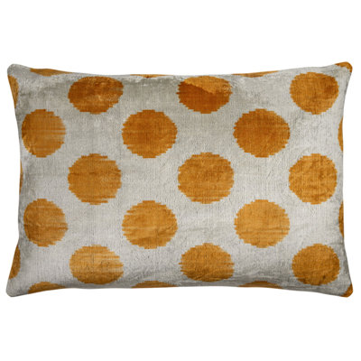 Coussin en velours fait à la main - Motif à pois moutarde doré, 16 x 24 po