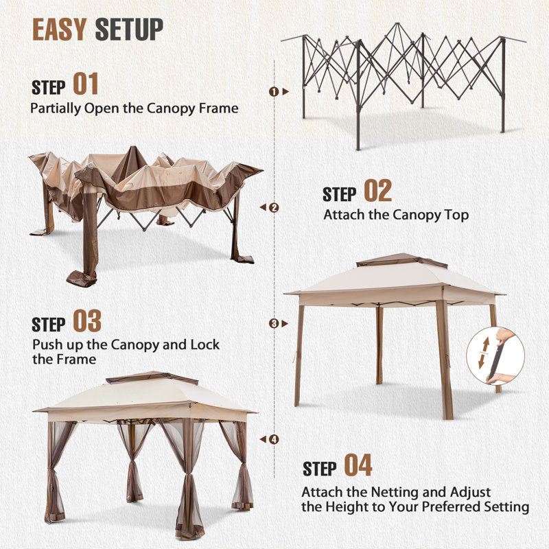 Beige Steel Pop-up Patio Gazebo with Mesh Walls, 11x11 Feet