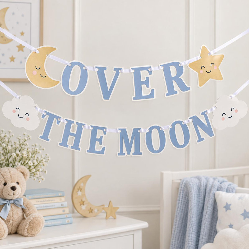 Over the Moon Baby Shower Banner, Celestial Garland, Cardstock Nursery Party Decor