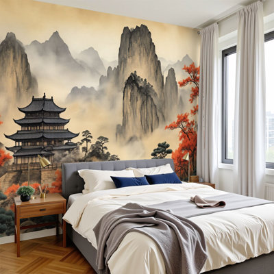 Peel and Stick Wallpaper 96" W x 69" H Modern Self Adhesive Wall Mural for Bedroom Japanese Temple Pagoda Mountains Autumn Foliage Mist Trees Traditional
