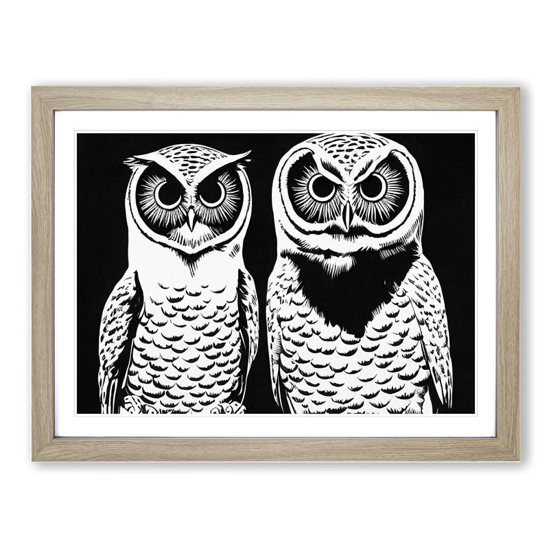 Monochrome Owls Vol.1 - Framed Print, 25cm H x 34cm W x 2cm D, Oak Framed