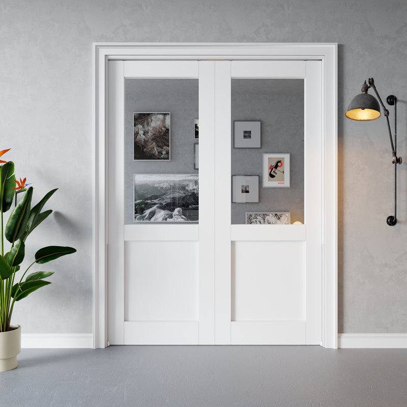 Porte coulissante intérieure semi-vitrée avec miroir, en MDF massif CARB P2, double porte escamotable, avec cadre renforcé et quincaillerie, pour chambre à coucher, préfinie et imperméable, idéale pour garde-manger, chambre, salle de bain, dressing et salon, teinture facile à appliquer soi-même, 142 x 203 cm
