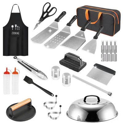 31Pcs Ensemble d'accessoires de plaque chauffante Accessoires de gril plat pour chef de camp avec spatules Presse à rôtir Saupoudreuses Shaker à épices Fourchettes à légumes Acier S