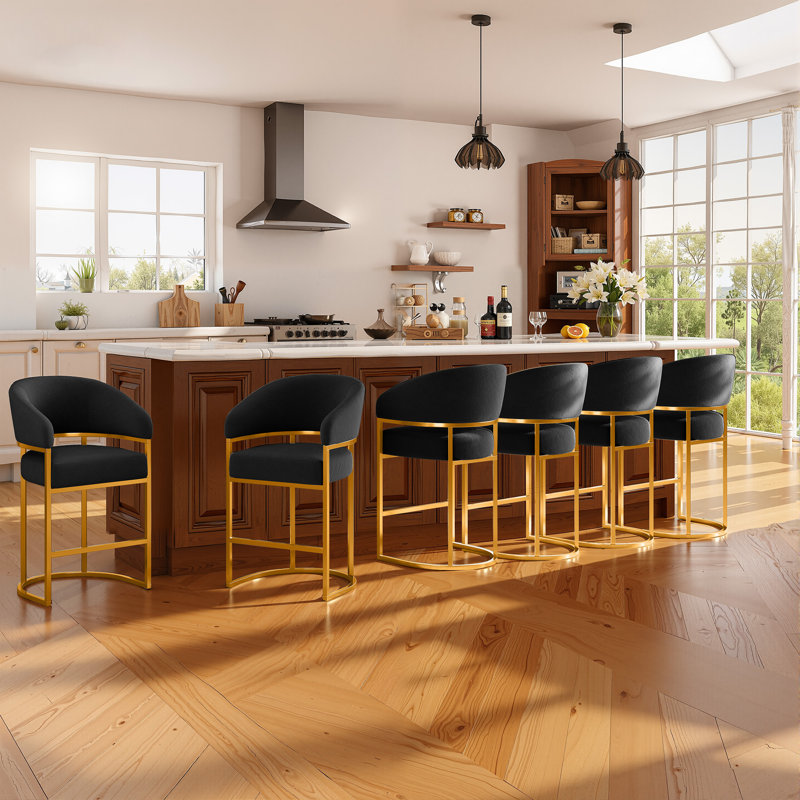 26" Counter Height Bar Stool,Black Velvet Gold Metal Base, Gold, Black/Velvet