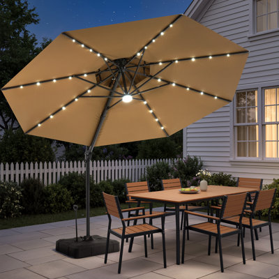 11 pi. Parasol de patio en porte-à-faux avec lumières DEL et base - Brun clair