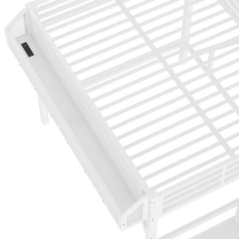 Riott Metal Loft Bed with Storage Stairs, Wardrobe, USB Ports & LED Lighting, White, Full