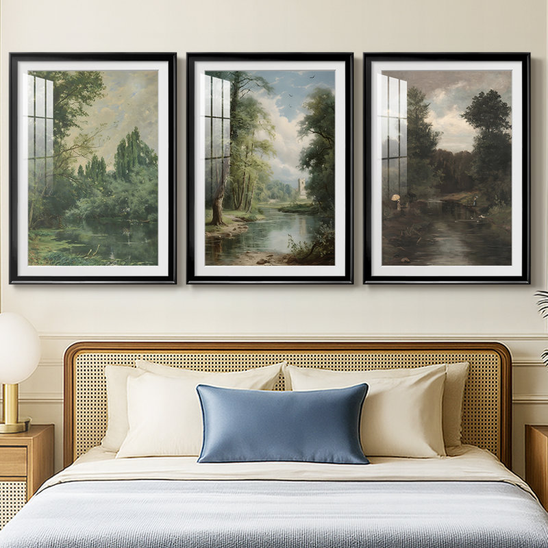 Vintage Landscape CXCVII  -Custom Framed  Premium Print W Matt - 3 Pieces, Black, 21" H x 30" W