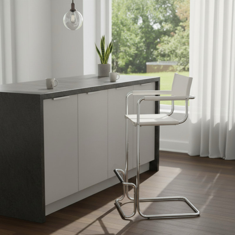 Saddle Leather Bar & Counter Stool, Faux Leather Dining Chair, Stainless Steel Frame Arm Chair, Accent Chair, White