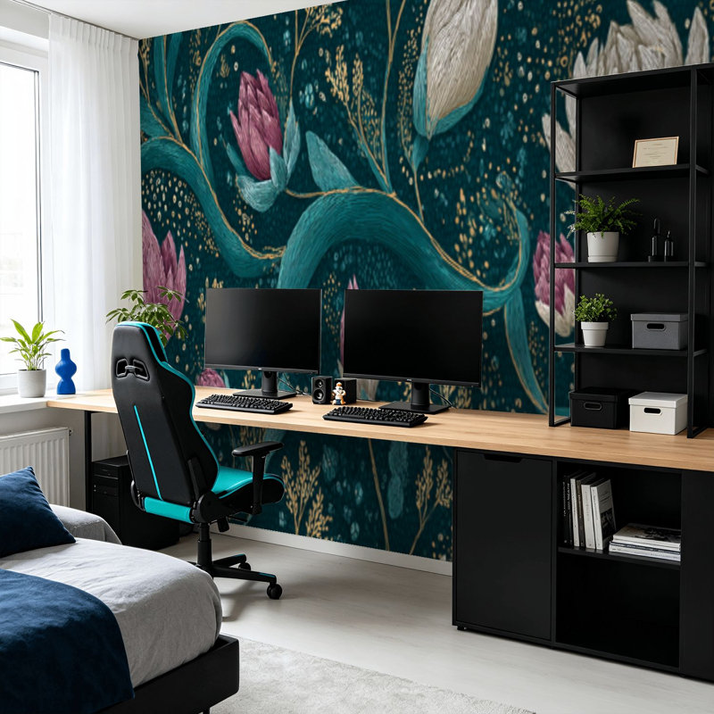 Papier peint adhésif pelez et collez, émeraude florale de luxe, art mural auto-adhésif et amovible