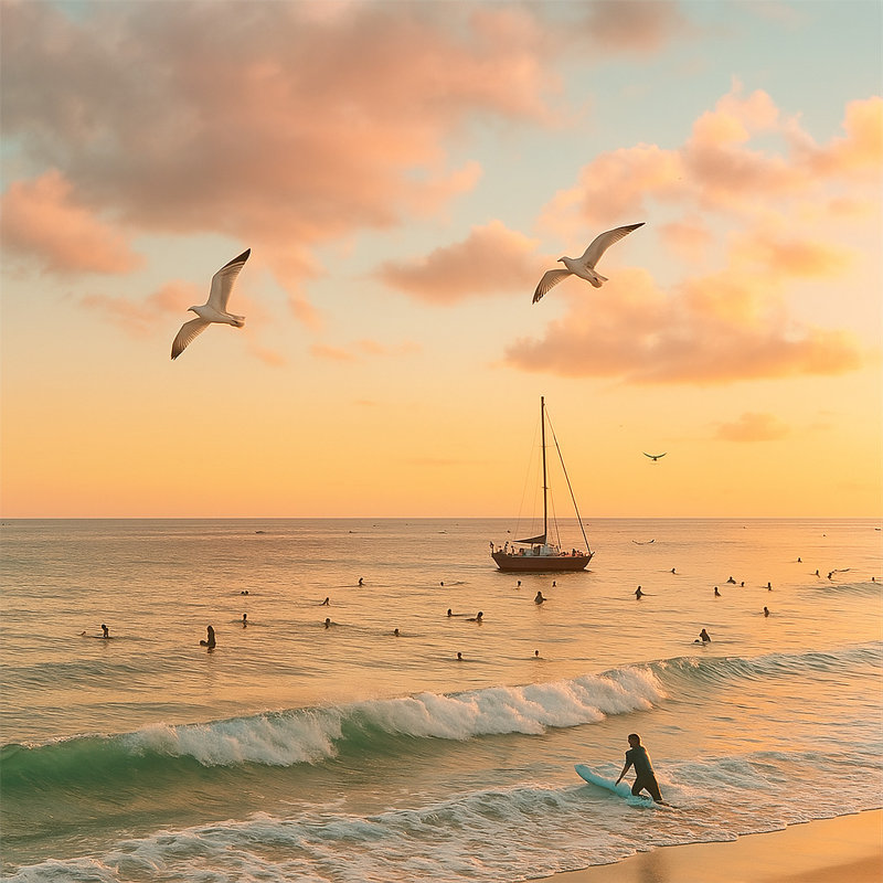 «Sunset Surf Gathering - Coastal Seascape», art mural sur toile