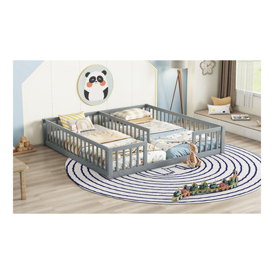 Double Twin Floor Bed With Fence, Guardrails, Without Door, Grey