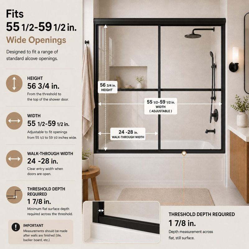 59" W x 56" H Double Sliding Semi Frameless Tub Door with Clear Glass, Matte Black