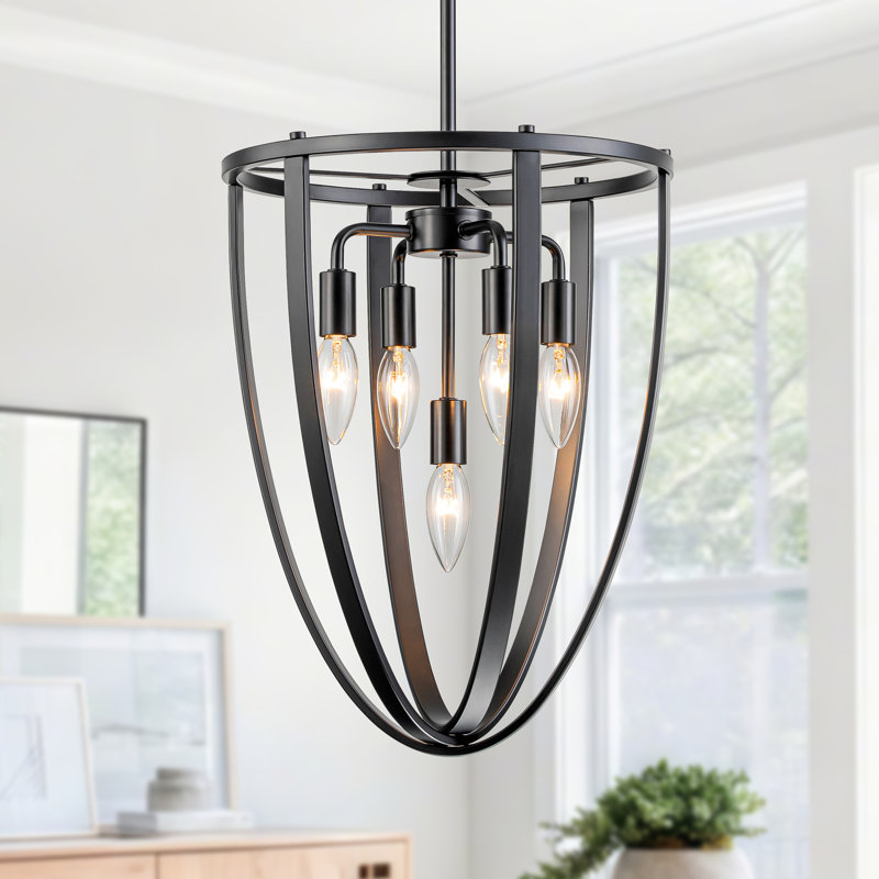 5-Light Dimmable Black Urn Cage Farmhouse Chandelier Pendant Light, Matte Black