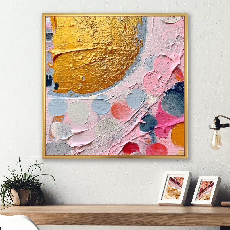 Rose et gris géométrique IV sur toile, H 16 po x l 16 po x P 1 po, Cadre flottant doré