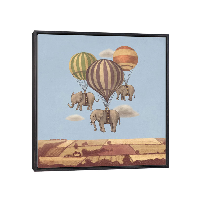 «Flight of the Elephants Blue Square» par Terry Fan - impression, Toile encadrée noir délavé, Pas de tapis