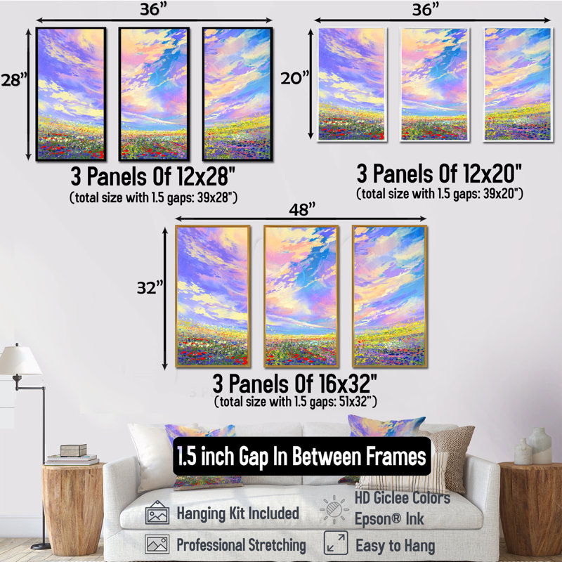 Fleurs colorées dans un champ sous de magnifiques nuages - ensemble d'art mural sur toile traditionnel encadré de 3, Blanc