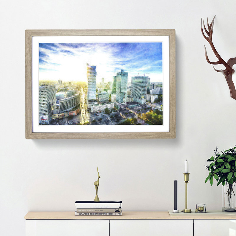 Skyline of Warsaw in Poland - Picture Frame Painting Print, Oak Framed, 45cm H x 63cm W x 2cm D