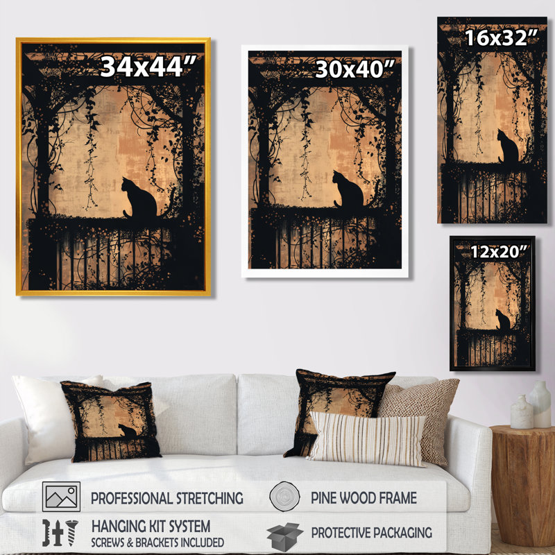 Chat noir sur porche fleuri - décoration murale chat, H 44 po x l 34 po x P 1,5 po, Toile tendue