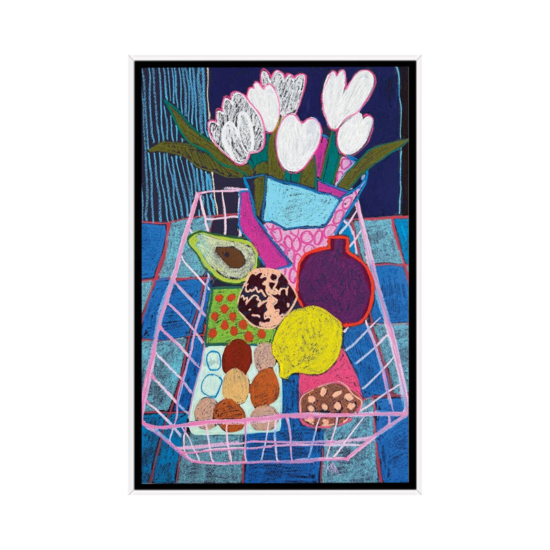 Pink Basket Still Life - Wall Art Print - Wrapped Canvas, 26" x 18", Framed Canvas, White