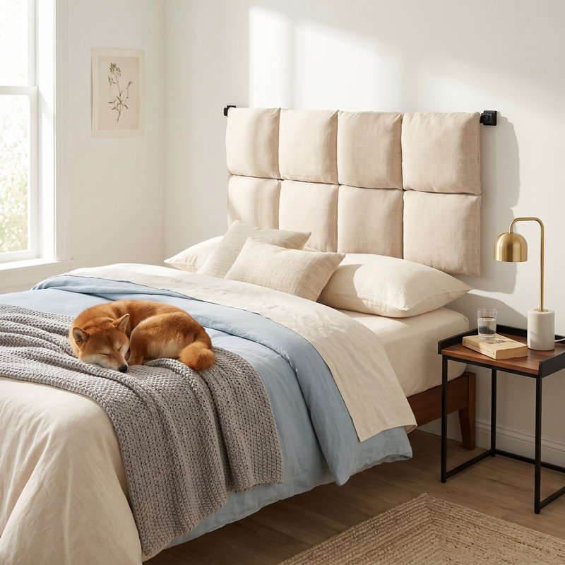 Linen Upholstered Wall-Mounted Headboard With Adjustable Height, Beige, Beige, King