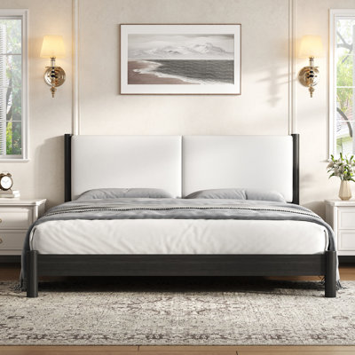 King Wooden Platform Bed Frame with PU Leather Upholstered Headboard Platform Bed, Black