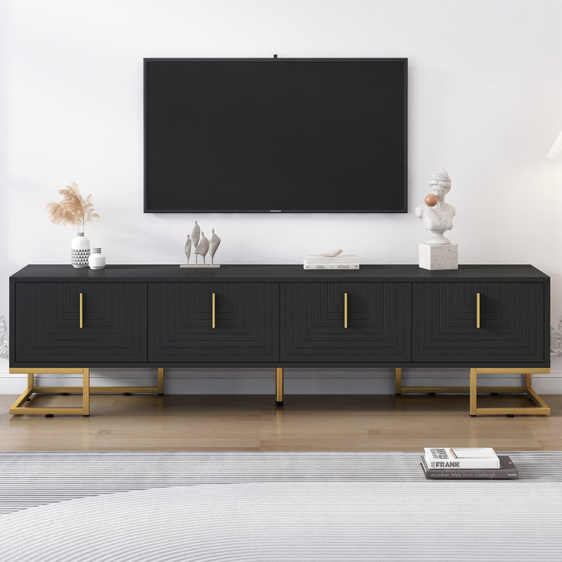 Modern TV Stand With Metal Legs And Gold Handles For Tvs Up To 80'', Media Console Table With Cabinets And Adjustable Shelves, Luxury TV Cabinet With Geometric Lines For Living Room, Black