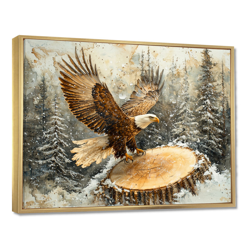 Aigle, vol du chasseur en hiver II - aigle, art mural, H 30 po x l 40 po, Cadre flottant, Doré
