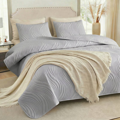 Ensemble de courtepointe douce 3 pièces - couvre-lit lavable quatre saisons, literie douce et confortable, décor de chambre à coucher, cadeau familial, gris clair