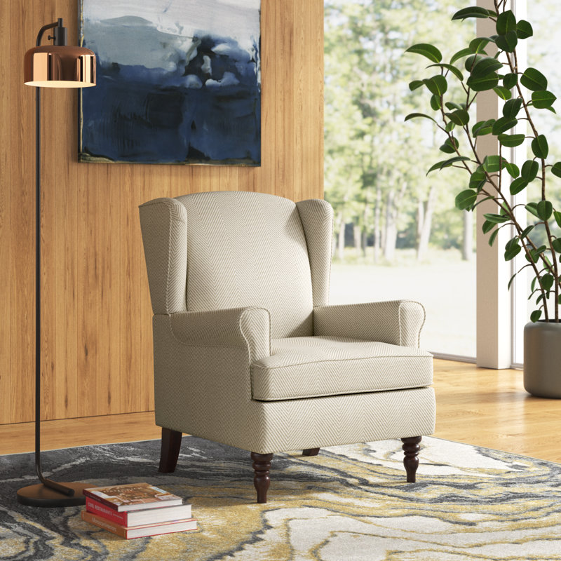 Aiddan Traditional 29'' Wide Wing Back Armchair with Solid Wood Legs, Tan Polyester Blend