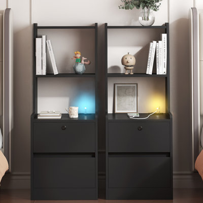 Ensemble de 2 tables de chevet avec station de charge, table de chevet intelligente avec veilleuse, table de chevet moderne avec bibliothèque, tables de chevet avec armoire de rangement pour la chambre à coucher, noir