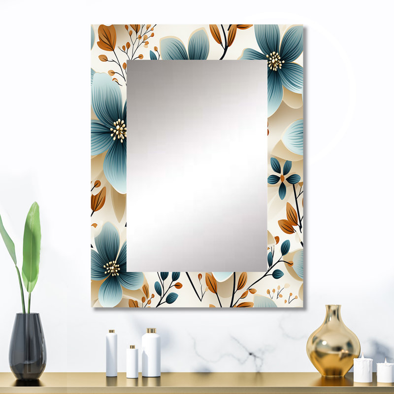 Surafel rétro romance bleu sarcelle Marvel Blooms - miroir mural décoratif floral, grand miroir de chalet, impression d'art en métal