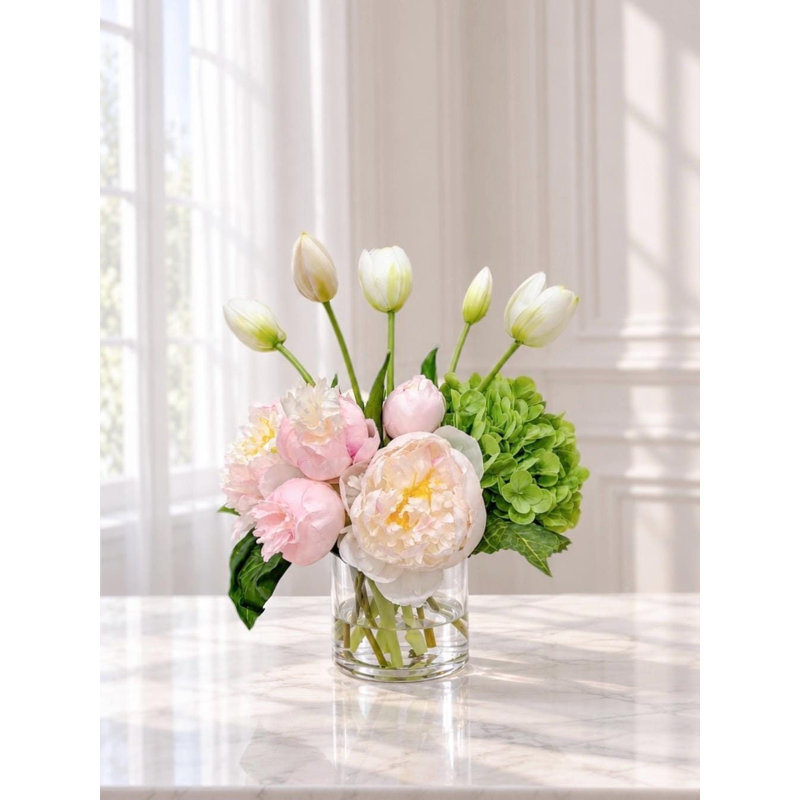 13 in Real Touch Peony Tulip Hydrangea Faux Floral Centerpiece in Glass Vase