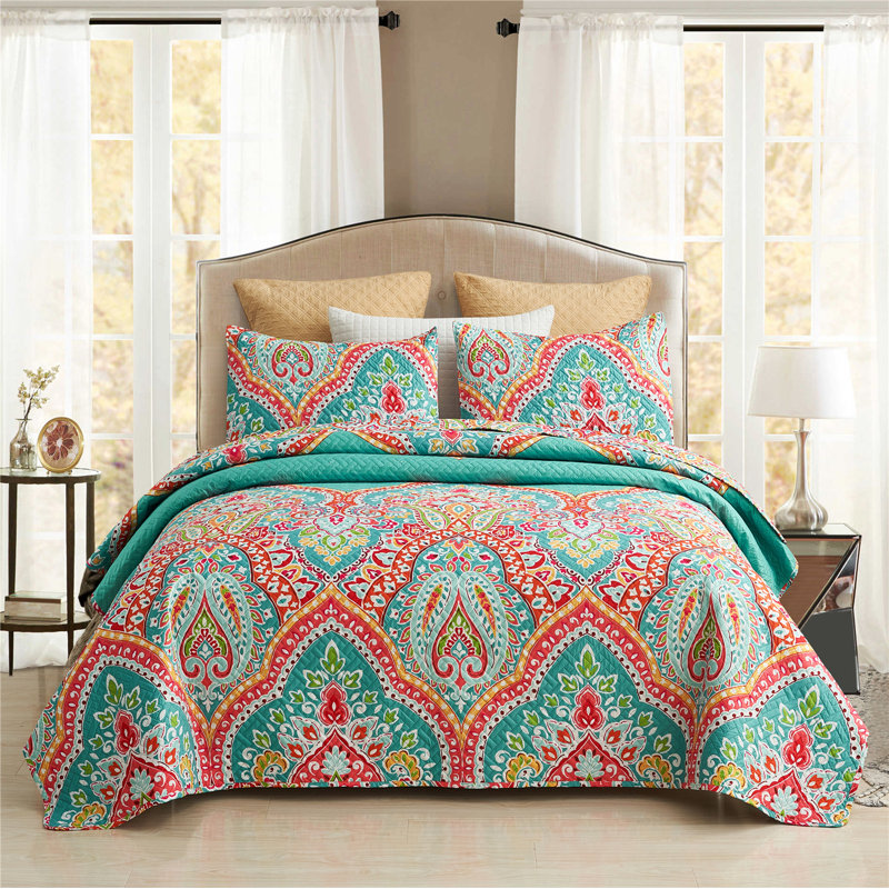 JML QSM0920210706 JML Soft Bedspread Set, Microfiber Reversible 3 Piece Quilt Set, 1 Quilt & 2 Shams, Turquoise/Tangerine 
