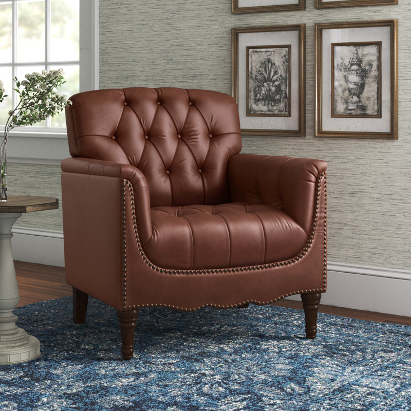 Annja 32" W Tufted Leather Armchair, Brown Top Grain Leather