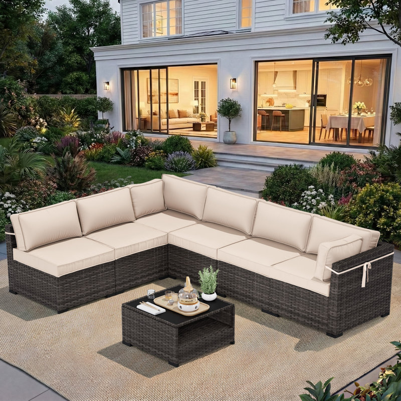 Riven 8-Person All-Weather Wicker Modular Patio Conversation Set with Thick Supportive Cushions, Beige