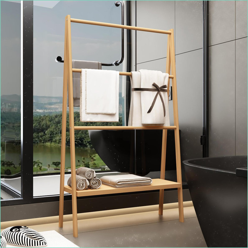 Towel Rack Freestanding Bamboo with Storage Shelf, Beach/Poolside/Indoor | Bamboo | Bathroom
