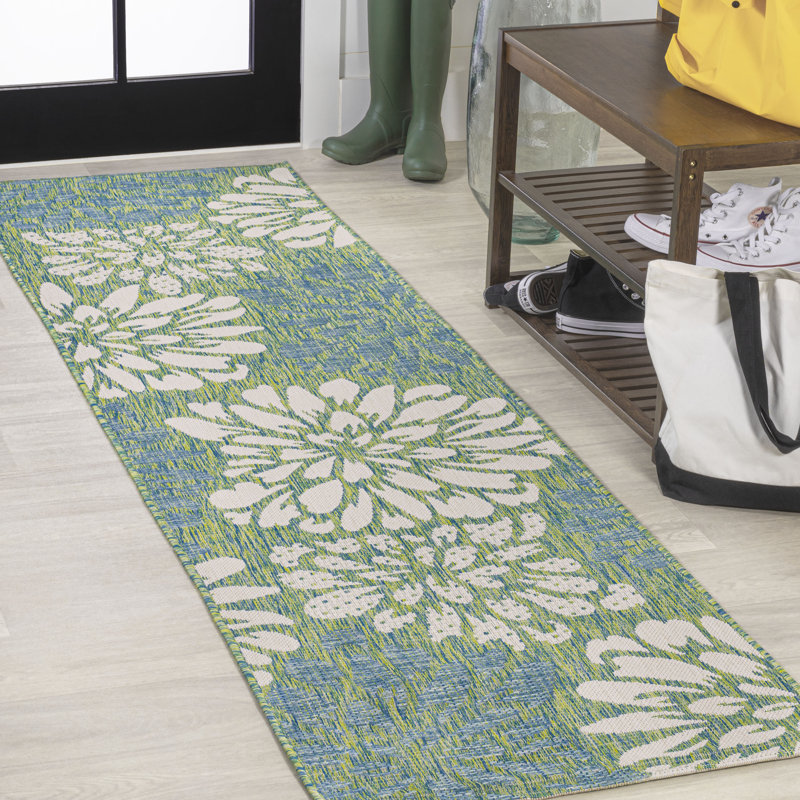 Zinnia Modern Floral Textured Weave Cream/Green Indoor/Outdoor Rug, Runner 2'2" x 10'