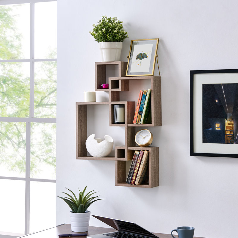 Intersecting Cube Accent Wall Shelf, Weathered Oak, 17.75" H x 25" W x 3.8" D