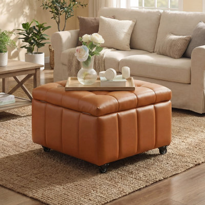 23.5" W Square Faux Leather Ottoman With Storage Puff with Casters
