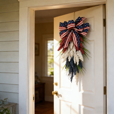 11.82*19.7 inches  Patriotic Red, White, and Blue Fabric Wreath Hanging for Independence Day, featuring artificial foliage & bow accents. Perfect for Memorial Day, Independence Day, Labor Day, and home holiday decor.