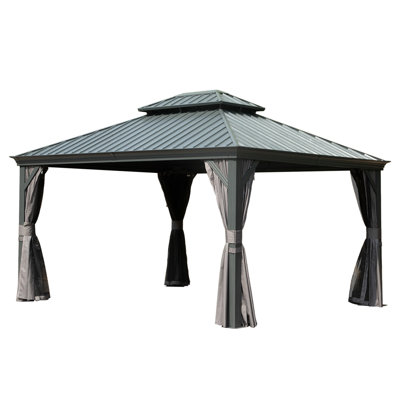 10' X 14' Hardtop Gazebo Permanent Outdoor Gazebo With Galvanized Steel Double Roof, Aluminum Frame, Curtains And Netting For Patio Lawn And Garden