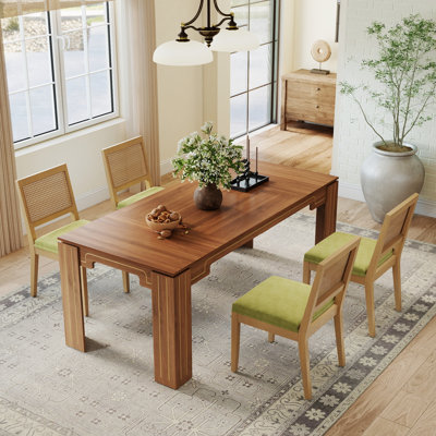 Rectangle Wooden Dining Table Set for 4-6, Mid-century Farmhouse Kitchen Table and Chairs with Linen Rattan Chair for Dining Room, Apartment