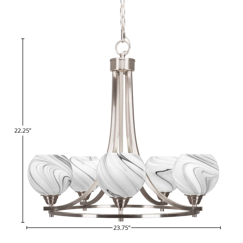 Lustre 5 lumières Paramount illustré en finition nickel brossé avec verre tourbillon onyx de 5,75 po